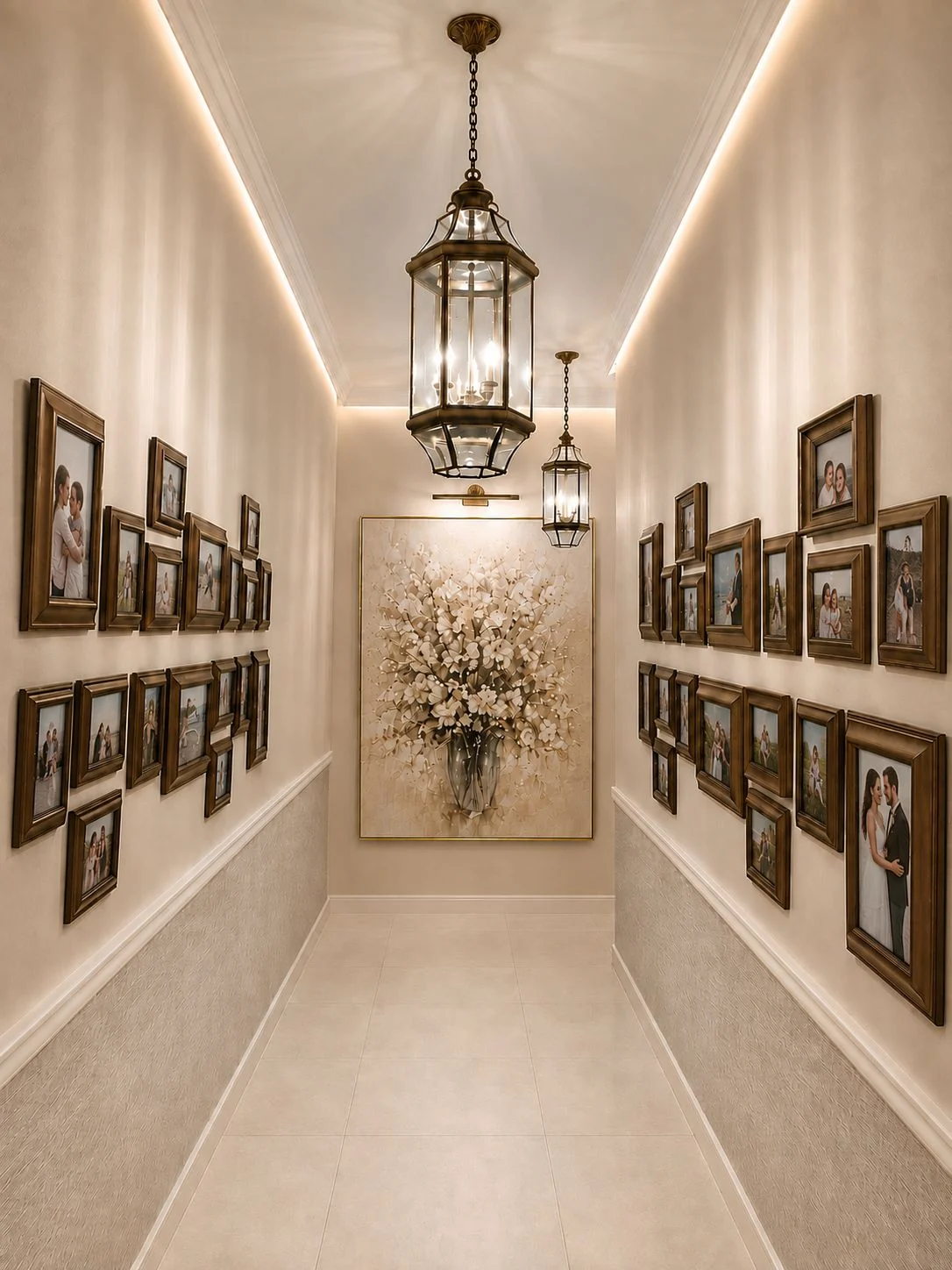 A portrait-lined hallway with brass lanterns and floral artwork at the far end