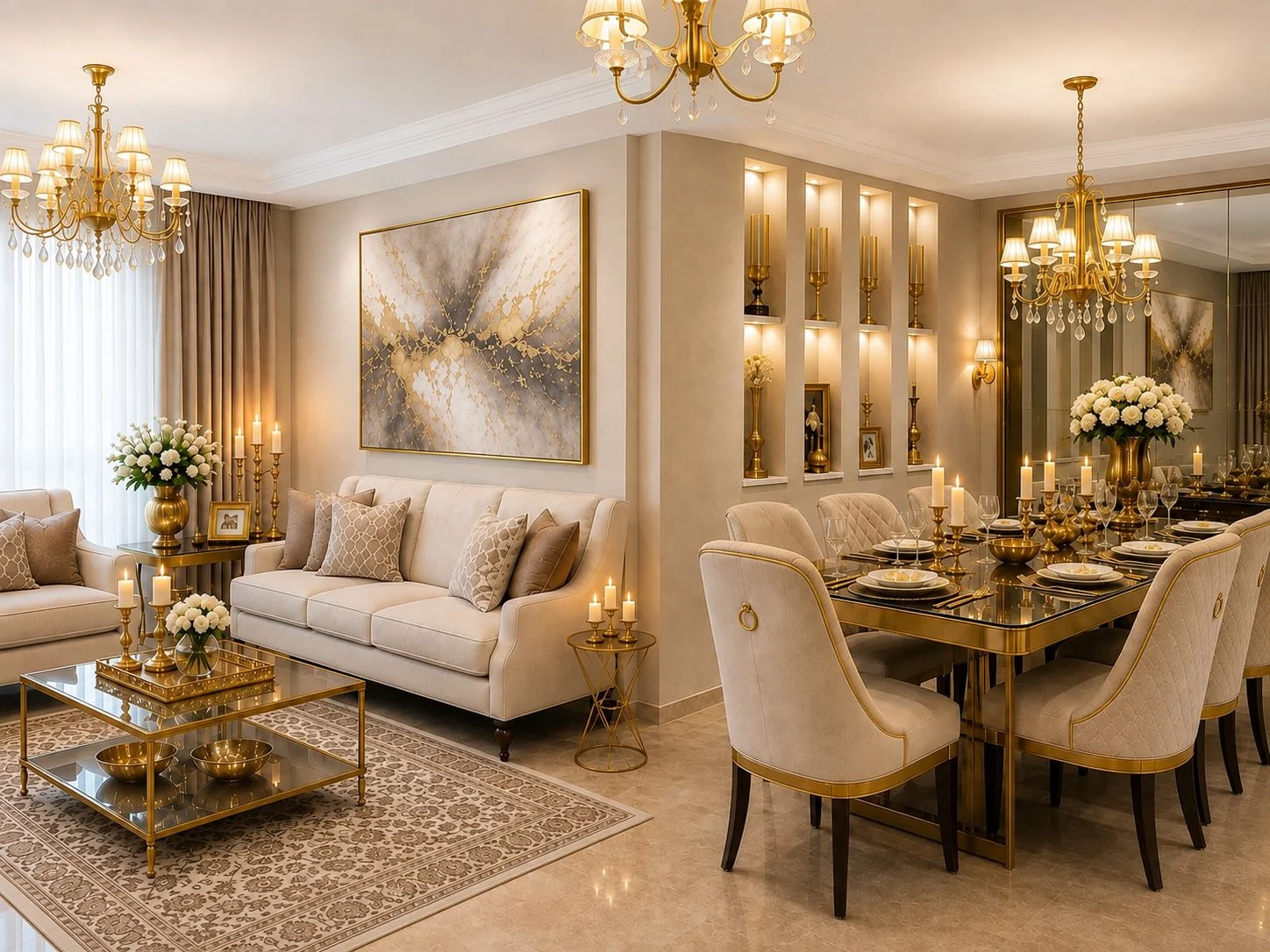 Gold-accented sitting and dining room with cream sofas, a glass dining table and framed abstract artwork