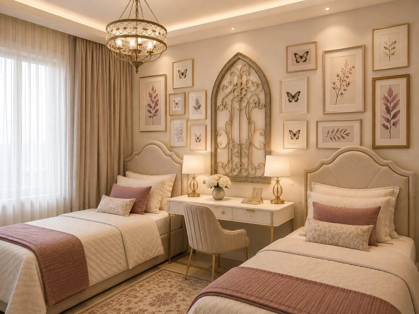 Twin bedroom with pink bedding, butterfly frames and a central pointed-arch artwork