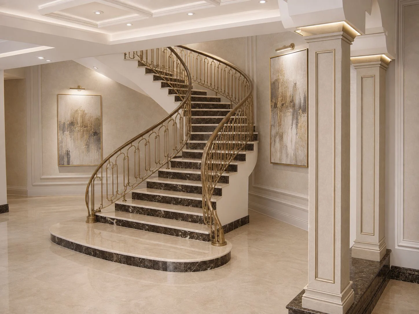 A sweeping marble staircase with curved brass railings and classical wall detailing