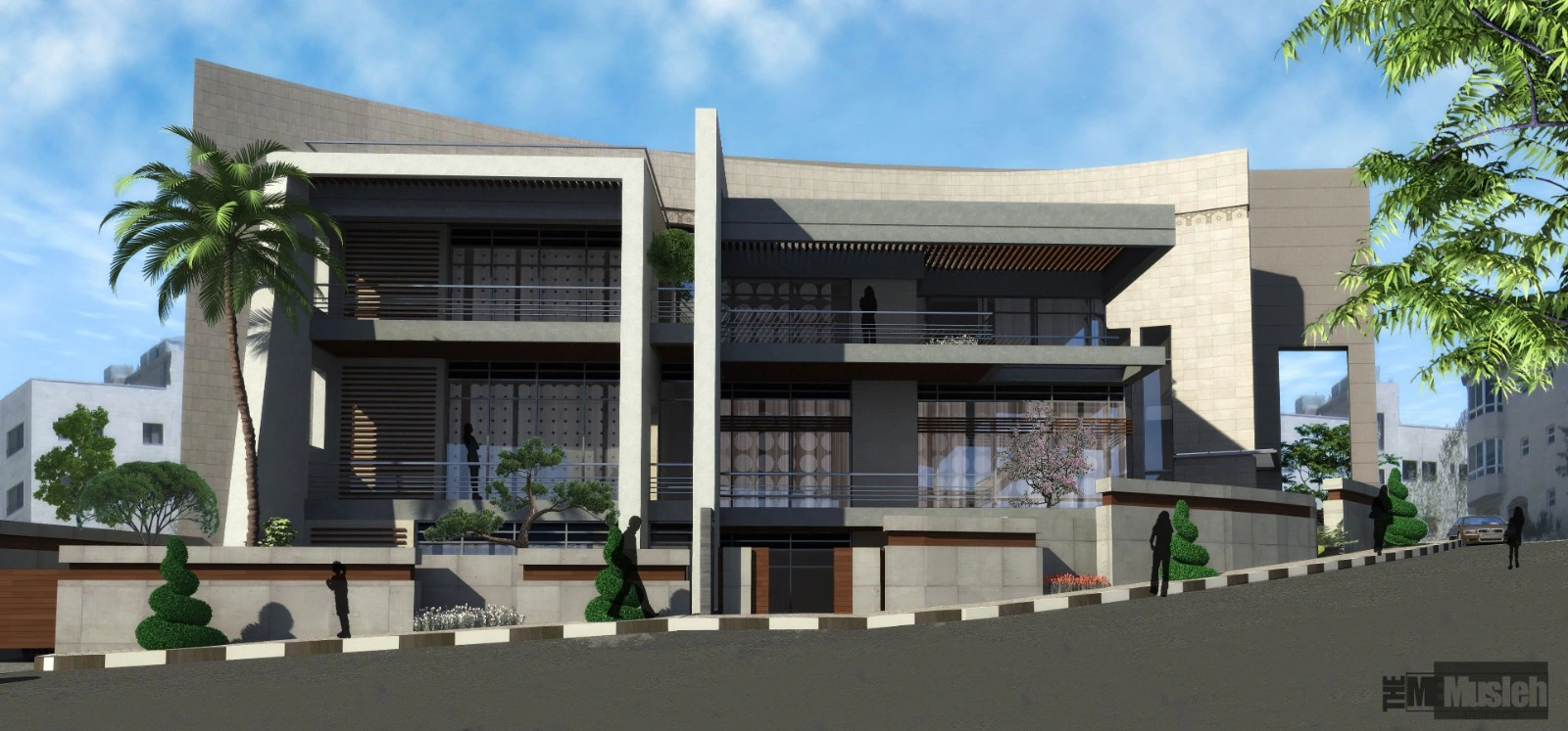 Architectural rendering of a contemporary building with a sweeping pale stone façade, dark balconies and landscaped frontage, viewed from street level